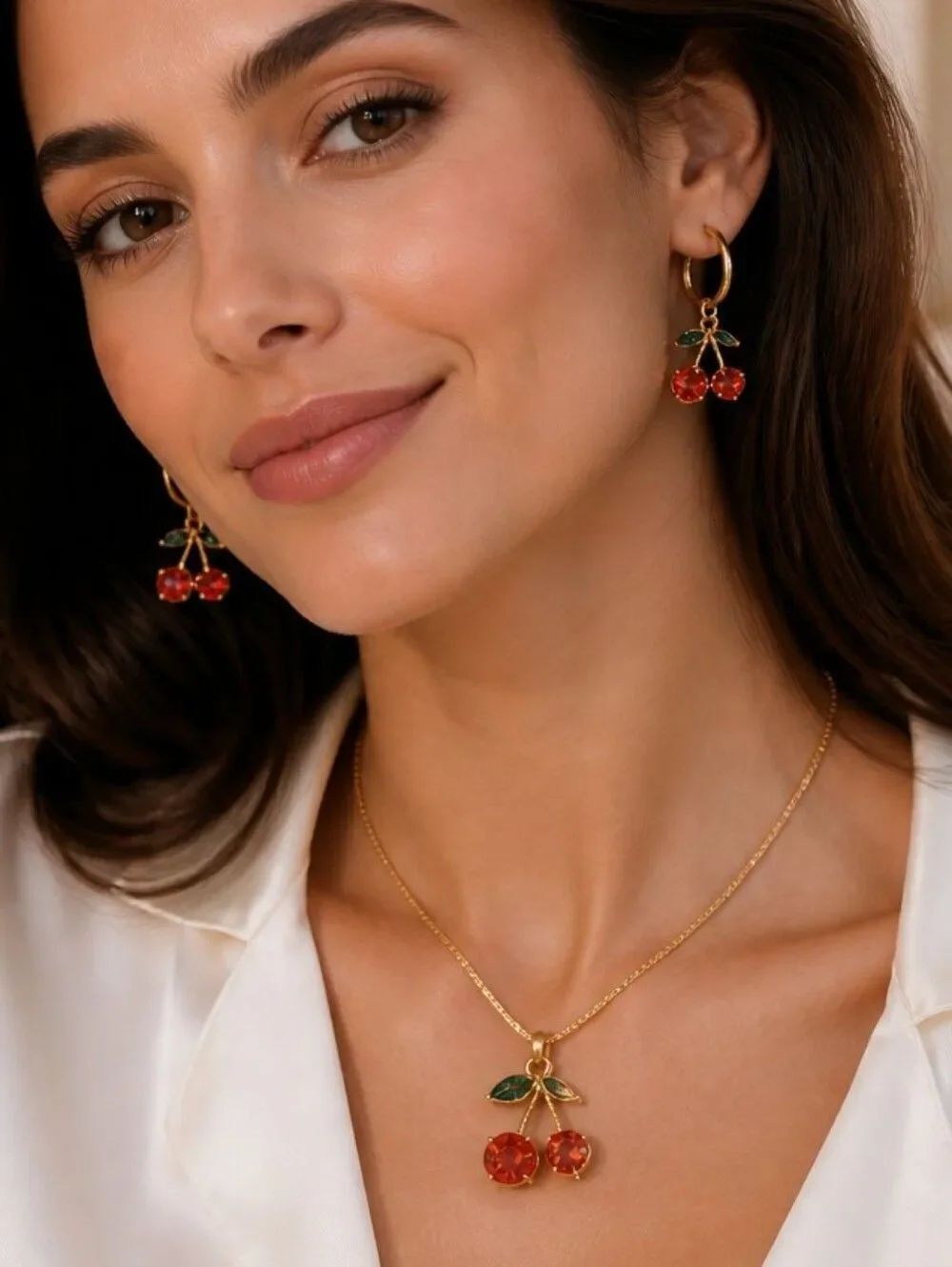 Red Rhinestone Cherry Necklace & Earring Set | Gold Fruitcore Jewelry 3pc Set